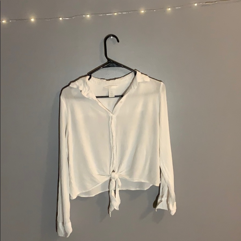 Front Tie White Collared Shirt